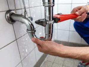 Technician repairing and cleaning a leaking drain pipe in Staten Island.